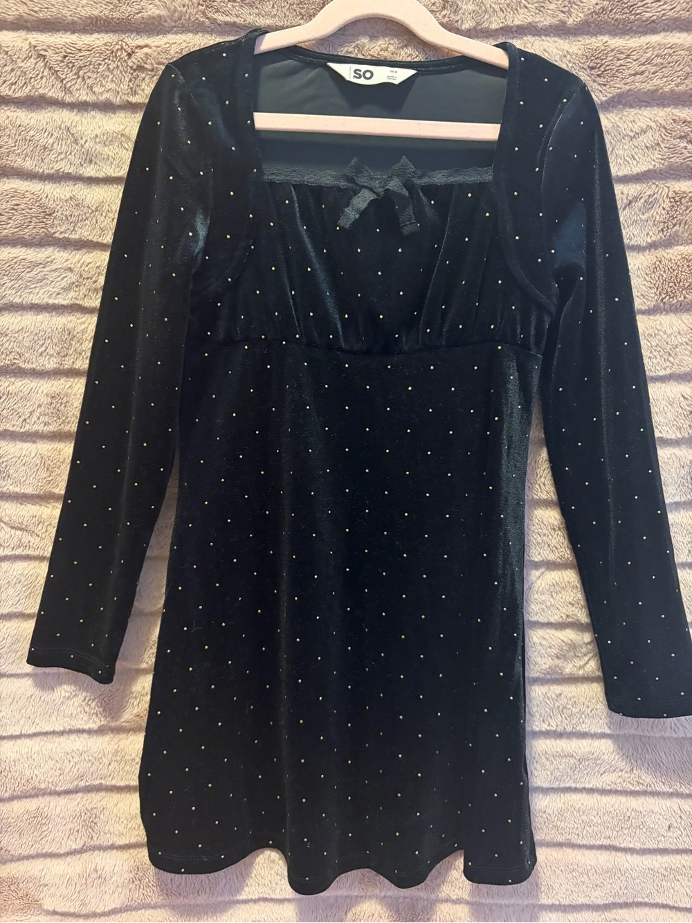 SO Black Velvet Long-Sleeve Mini Dress with Gold Dots